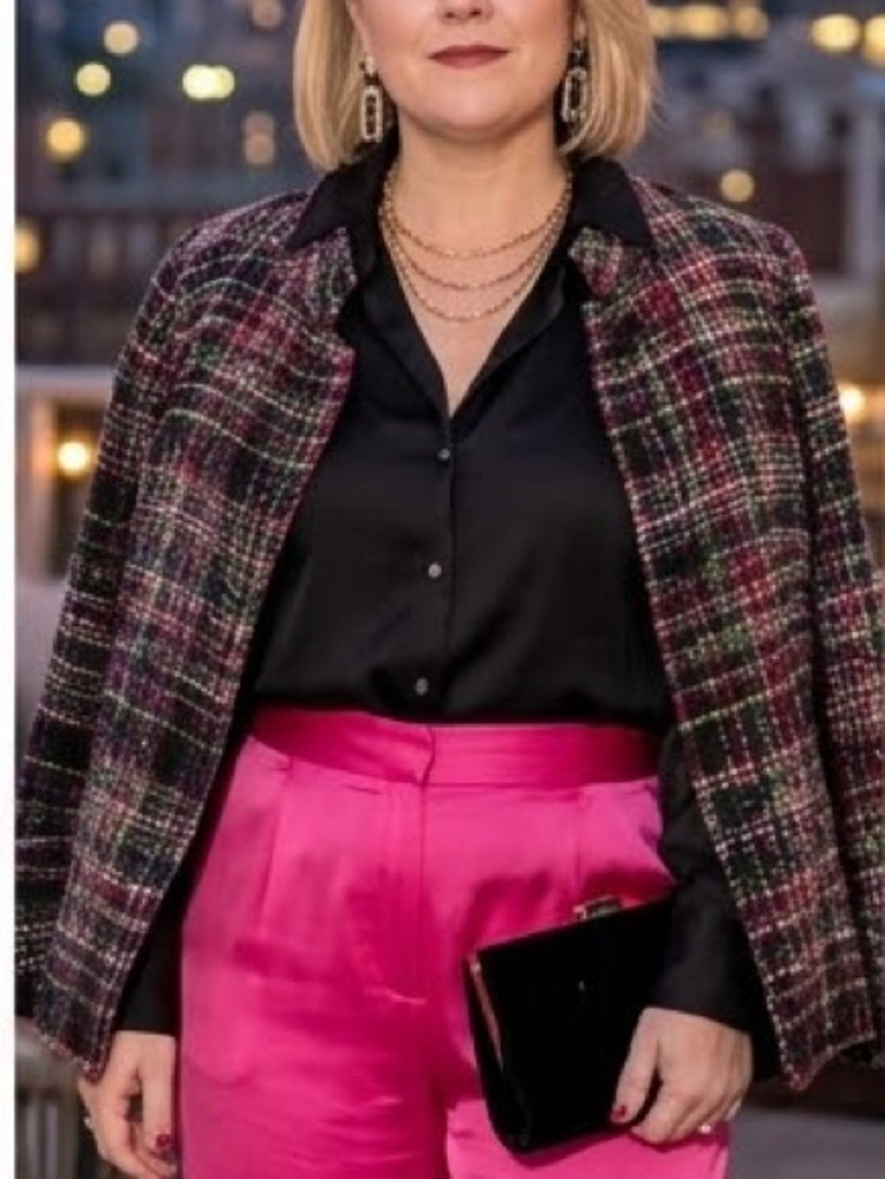 Talbots Plaid Wool Blend Jacket Black & Pink Size 14P Like New